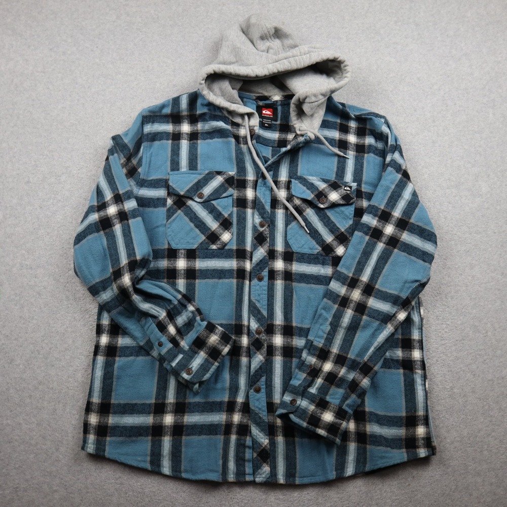 Quiksilver Flannel Hoodie Men XL Blue Black Plaid Hooded Shirt Surf Button Up